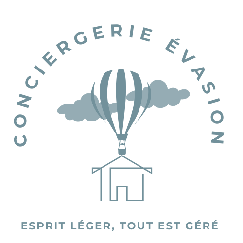 Logo Conciergerie Evasion représentant une maison avec mongolfière et texte Esprit léger tout est géré