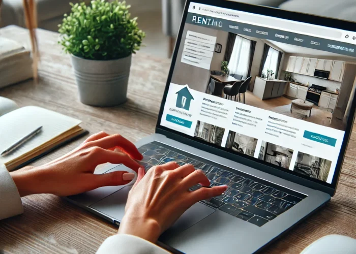 Illustration de la prestation Mise en service et annonce de la Conciergerie Évasion, dirigée par Émilie Coudenneau, avec des mains tapant sur le clavier d’un ordinateur portable